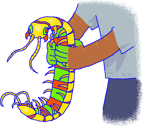 An impossibly large yellow centipede with red and green patterns is held by a figure with brown fur and green fingers.